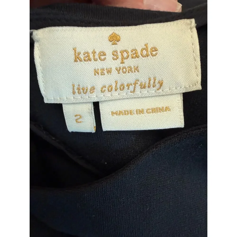 Kate Spade 2 Pc Set Peplum Bow Back Top Ivory Trim Pencil Skirt Size 2 Black
